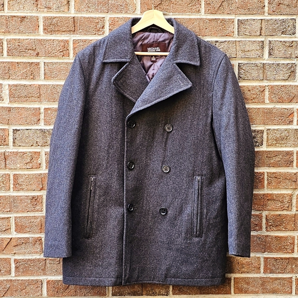 Michael Kors Men's Double Breasted Wool Blend Peacoat | Men's Medium Gray